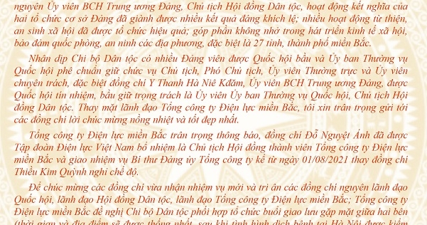 Chi bộ Vụ Dân tộc gửi "Thư chúc mừng" Đảng bộ Tổng công ty Điện lực miền Bắc